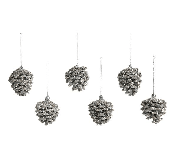 Set of 6 Mini Beaded Silver Pinecone Ornaments 