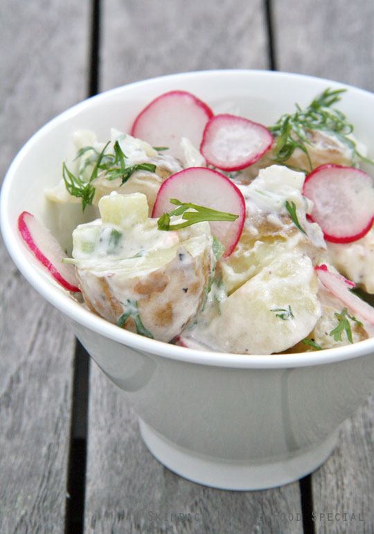 Potato salad with new potatoes and radishes as seen on http://www.skimbacolifestyle.com/2012/05/new-potato-salad-recipe-with-radishes.html